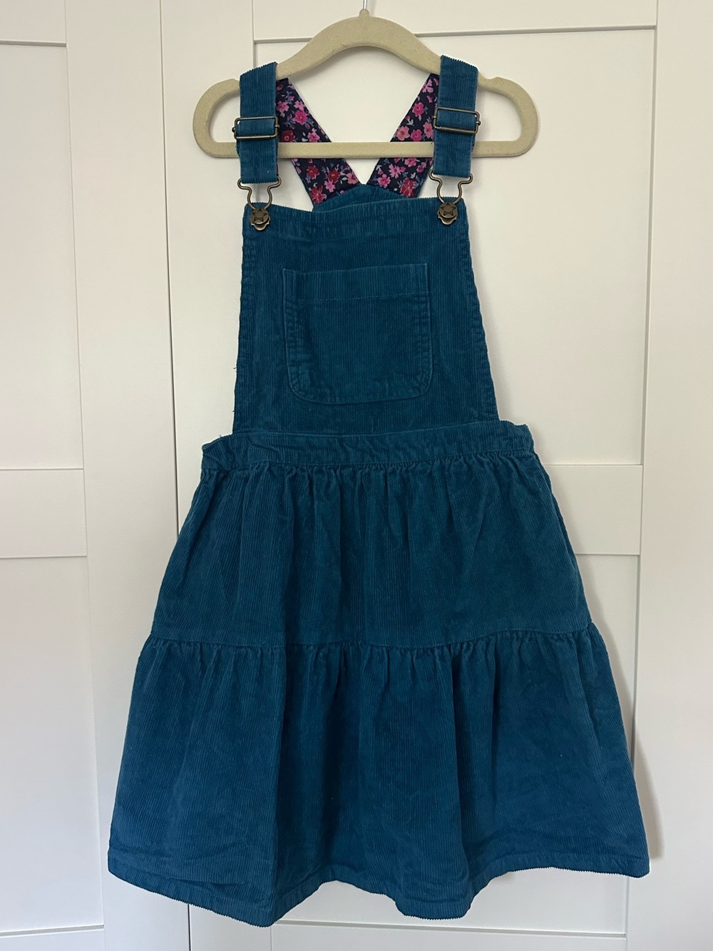 Joules Teal Corduroy Pinafore Dress with Floral Straps